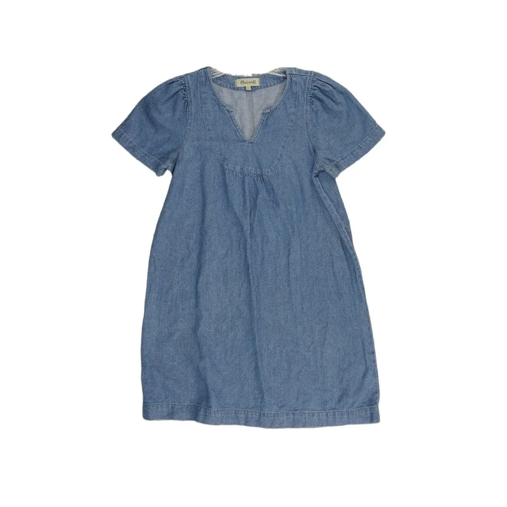 Madewell Denim Shift Dress Womens‎ Size XS Blue Cotton Linen Puff Sleeve